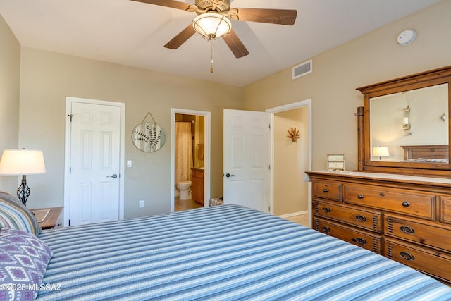 bedroom with visible vents, a ceiling fan, and ensuite bathroom