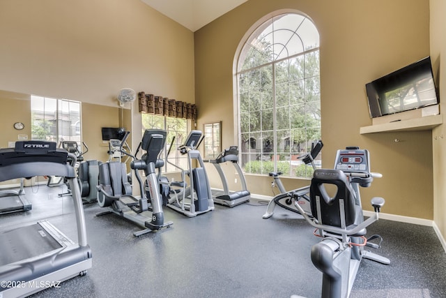 exercise room featuring a high ceiling and baseboards