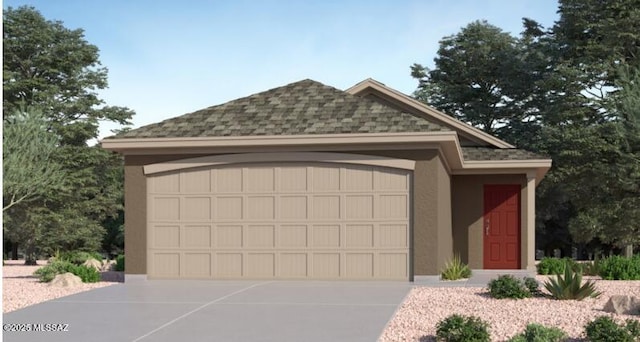 view of front of house with a garage, roof with shingles, driveway, and stucco siding