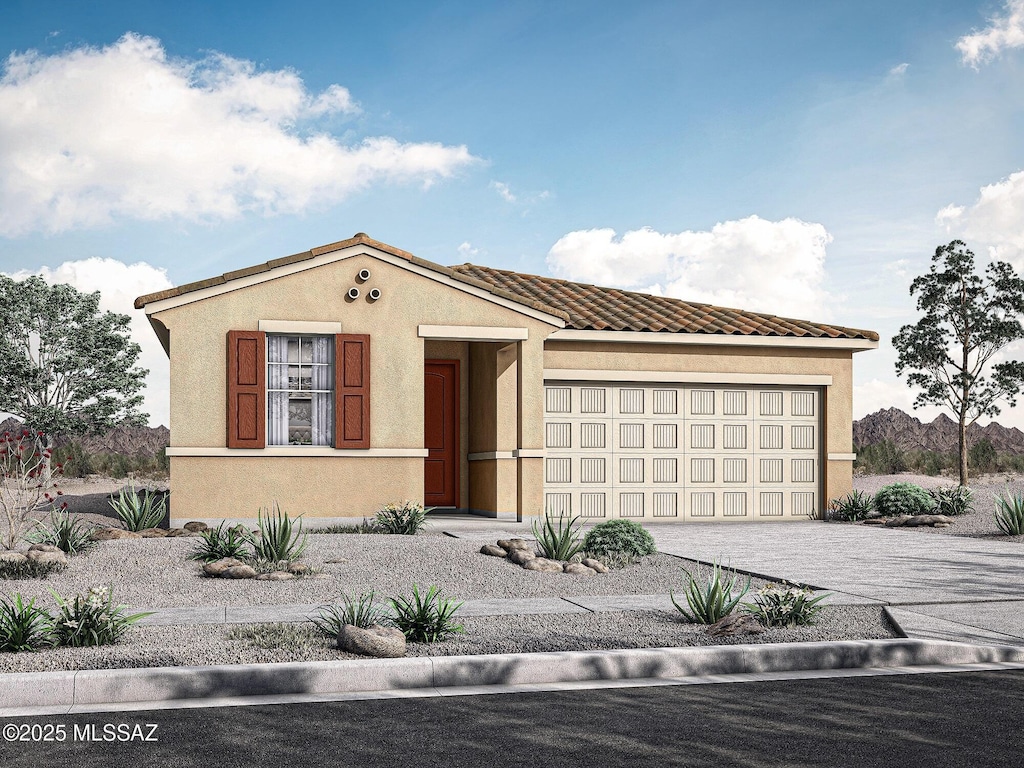 view of front facade with driveway, a tile roof, a garage, and stucco siding