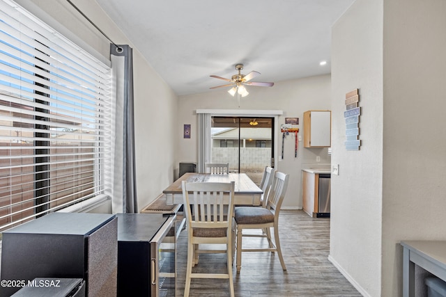 dining space featuring ceiling fan, baseboards, and light wood-style floors