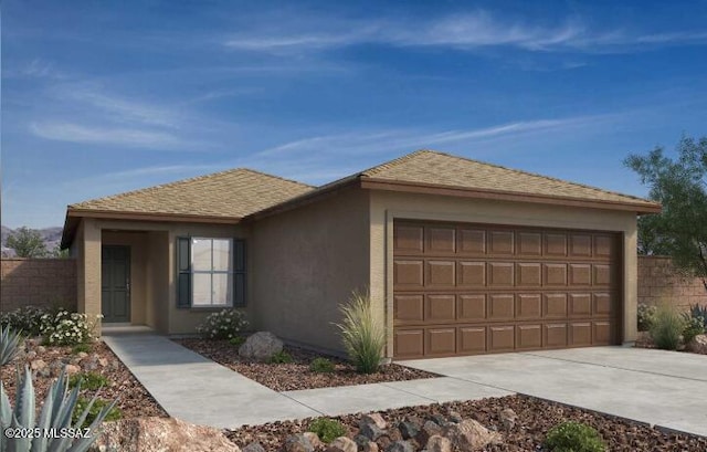 single story home with a shingled roof, concrete driveway, an attached garage, and stucco siding