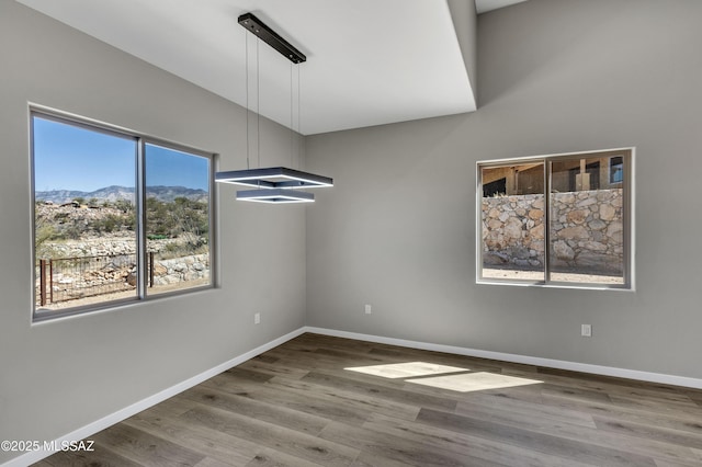 empty room with a mountain view, wood finished floors, and baseboards