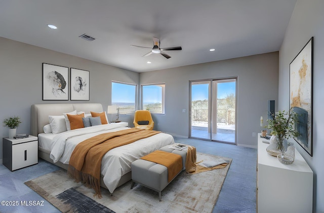 bedroom with visible vents, recessed lighting, access to outside, and light colored carpet