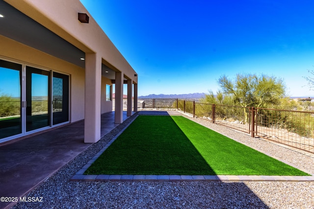 view of yard featuring a mountain view, a patio, and a fenced backyard