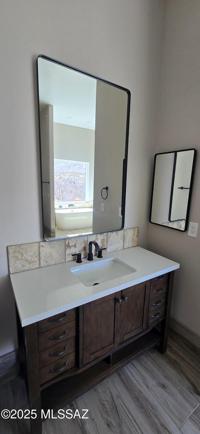 bathroom with wood finished floors and vanity