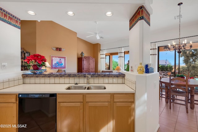 kitchen with light tile patterned floors, black dishwasher, visible vents, a peninsula, and a sink