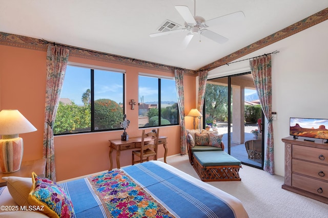 bedroom featuring access to exterior, carpet, visible vents, a ceiling fan, and vaulted ceiling