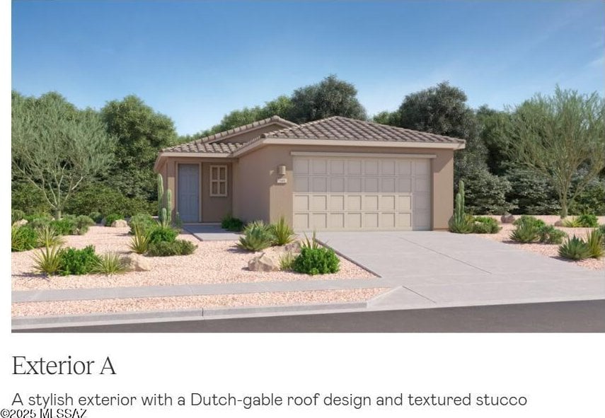 ranch-style home featuring a garage, driveway, a tile roof, and stucco siding