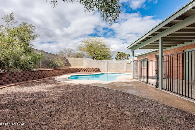 view of swimming pool featuring a fenced in pool, a fenced backyard, and a patio area