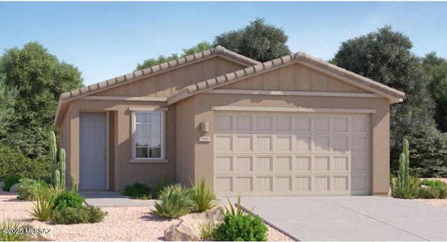 view of front facade featuring driveway, an attached garage, a tiled roof, and stucco siding