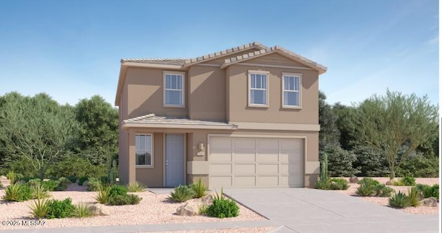 traditional-style house with concrete driveway, an attached garage, a tiled roof, and stucco siding