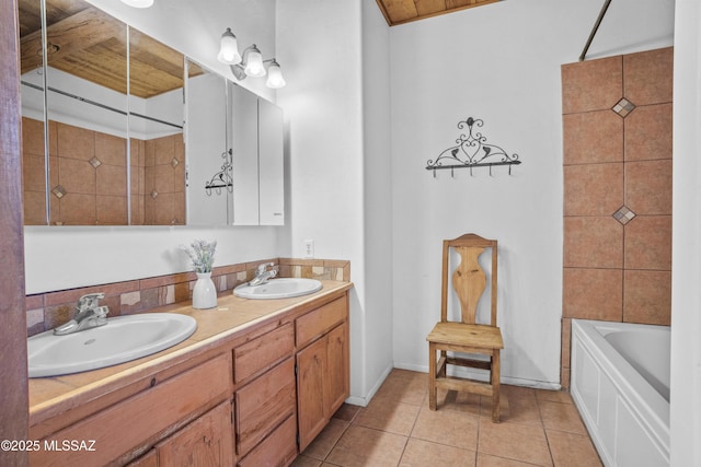 full bath with a shower, a sink, and tile patterned floors