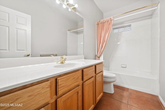 full bathroom featuring shower / bathtub combination, vanity, toilet, and tile patterned floors