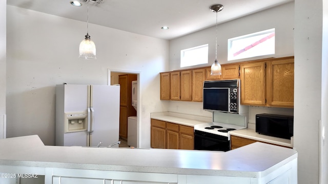 kitchen featuring white refrigerator with ice dispenser, stacked washer and clothes dryer, black microwave, and electric range oven