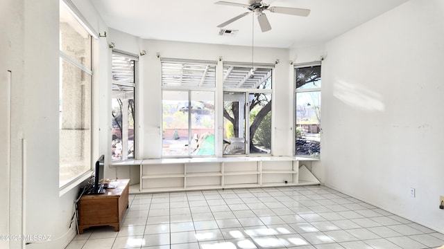 sunroom / solarium featuring plenty of natural light, visible vents, and a ceiling fan