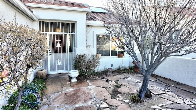 view of exterior entry featuring a tiled roof and stucco siding