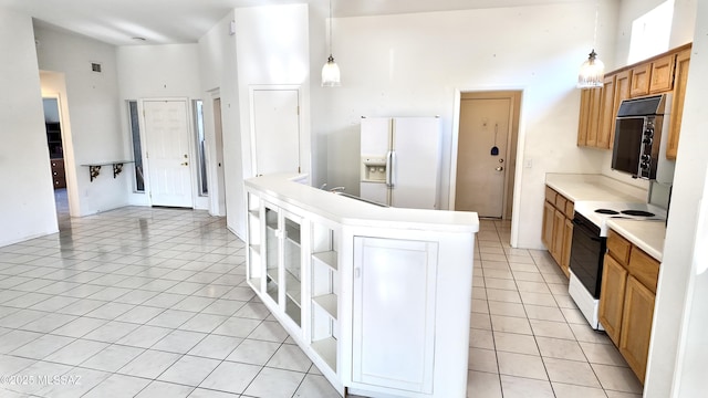 kitchen featuring light tile patterned floors, range with electric cooktop, light countertops, white fridge with ice dispenser, and black microwave