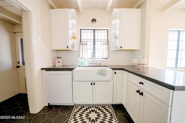 kitchen featuring backsplash, open shelves, a peninsula, and white dishwasher