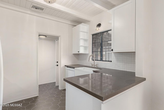 kitchen featuring a sink, white cabinets, decorative backsplash, open shelves, and dark countertops