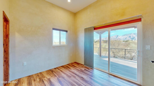 empty room with a wealth of natural light, a mountain view, and wood finished floors