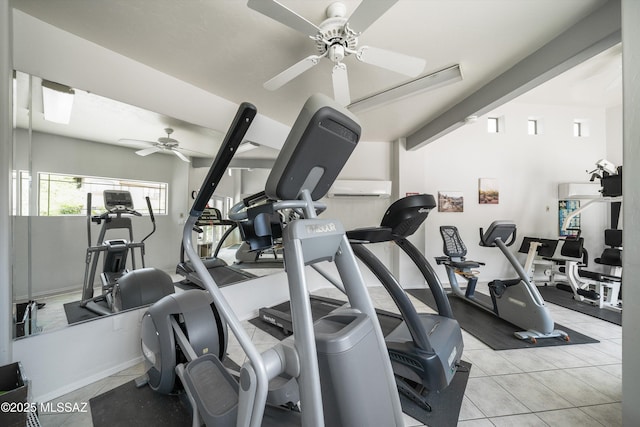 workout area featuring light tile patterned floors, a wall unit AC, and a ceiling fan