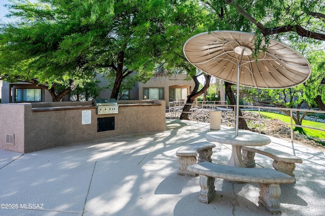 view of community featuring a patio area and an outdoor kitchen