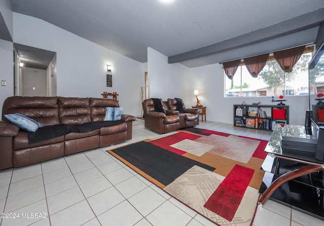 tiled living room with lofted ceiling and a textured ceiling