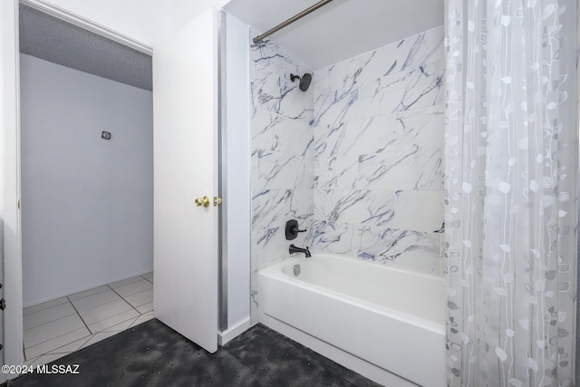 bathroom featuring shower / tub combo and tile patterned flooring