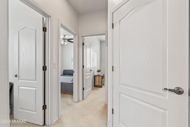 hall with light colored carpet