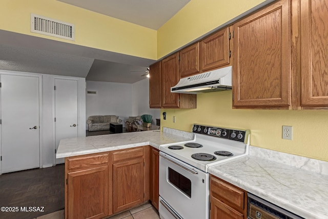 kitchen featuring white electric stove, visible vents, a peninsula, stainless steel dishwasher, and exhaust hood