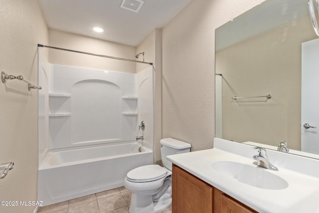 full bathroom featuring visible vents, toilet, vanity, tile patterned floors, and shower / bathtub combination