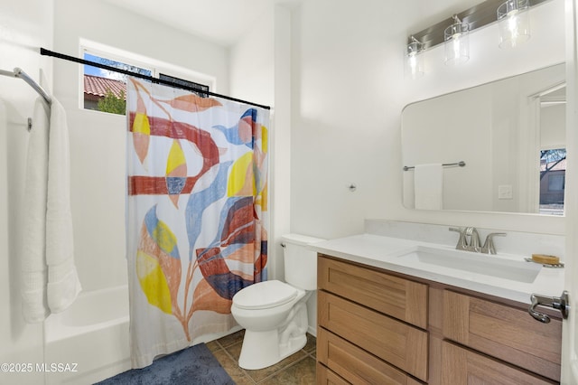 full bath featuring tile patterned floors, toilet, vanity, and shower / bath combo