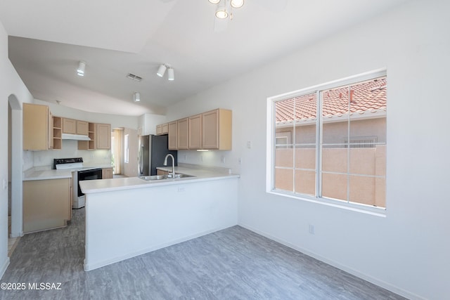 12220 N New Dawn Ave, Oro Valley, AZ 85755 - kitchen featuring electric stove, light wood-style flooring, light brown cabinetry, freestanding refrigerator, and under cabinet range hood