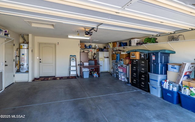 garage with white refrigerator with ice dispenser, gas water heater, and a garage door opener