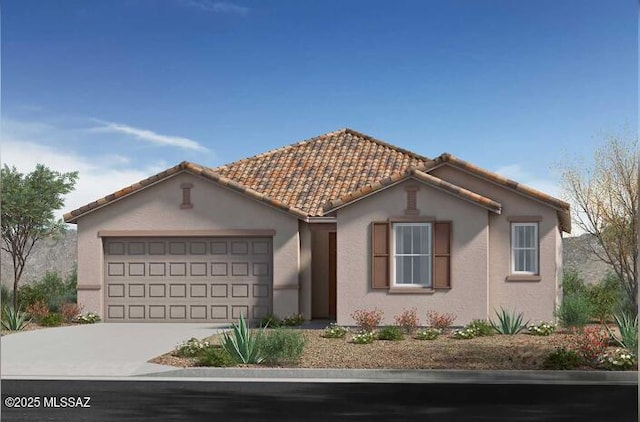 view of front of house featuring a tile roof, driveway, an attached garage, and stucco siding