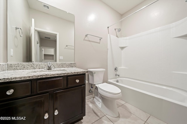 bathroom with visible vents, tub / shower combination, toilet, tile patterned floors, and vanity