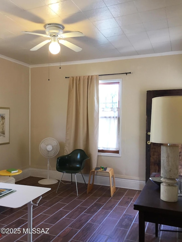 912 N 4th Ave, Tucson, AZ 85705 - living room featuring crown molding, dark wood-style floors, a ceiling fan, and baseboards