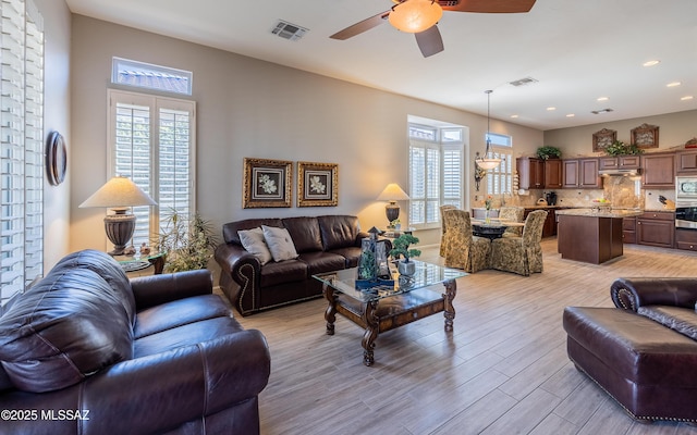 5084 W Desert Poppy Ln, Marana, AZ 85658 - living room featuring a wealth of natural light, visible vents, and a ceiling fan