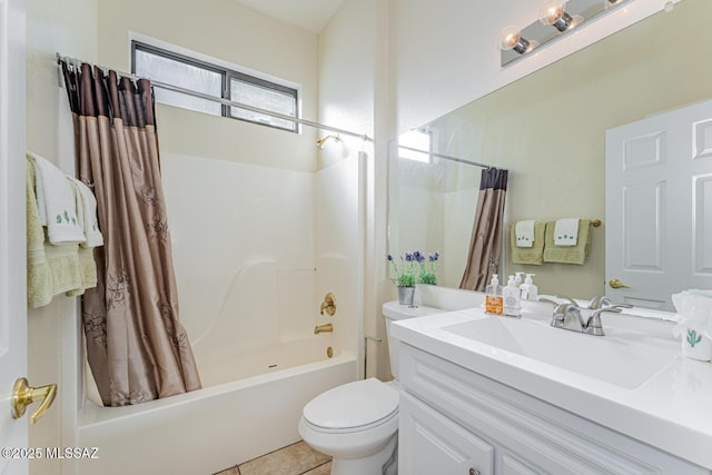 full bathroom with toilet, shower / tub combo, vanity, and tile patterned floors