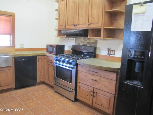 kitchen with open shelves, black appliances, light countertops, and under cabinet range hood