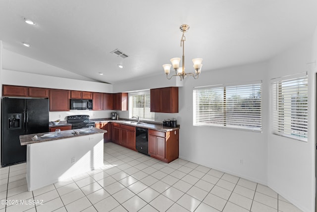 kitchen with black appliances, light tile patterned floors, visible vents, and lofted ceiling