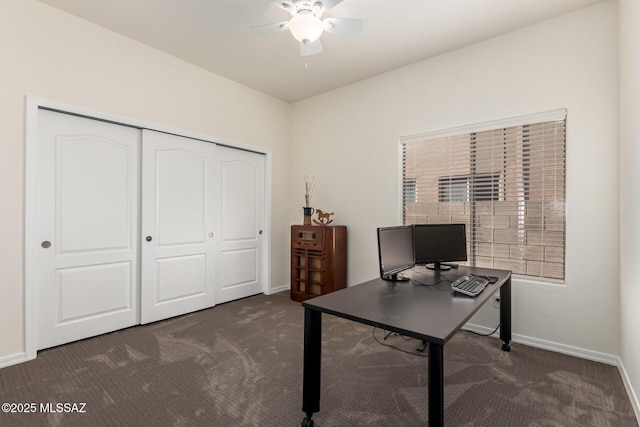 13827 E Fiery Dawn Dr, Vail, AZ 85641 - office area featuring baseboards, dark carpet, and a ceiling fan