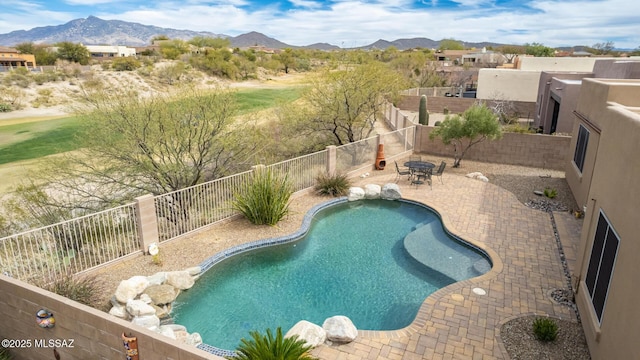 13827 E Fiery Dawn Dr, Vail, AZ 85641 - view of pool featuring a mountain view, a fenced in pool, a fenced backyard, and a patio area