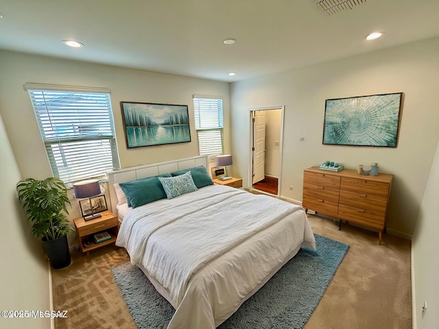 bedroom with visible vents, recessed lighting, baseboards, and carpet floors