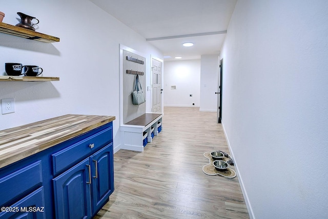 hall featuring baseboards and light wood-style flooring