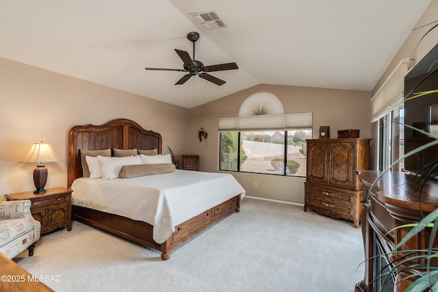 bedroom with visible vents, baseboards, a ceiling fan, vaulted ceiling, and light colored carpet