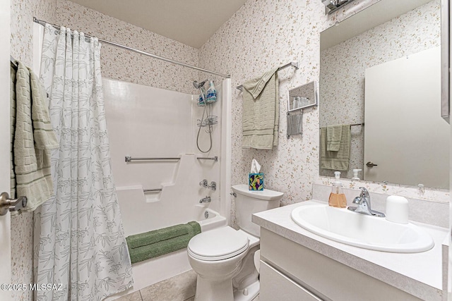 full bathroom with tile patterned flooring, wallpapered walls, toilet, shower / tub combo with curtain, and vanity