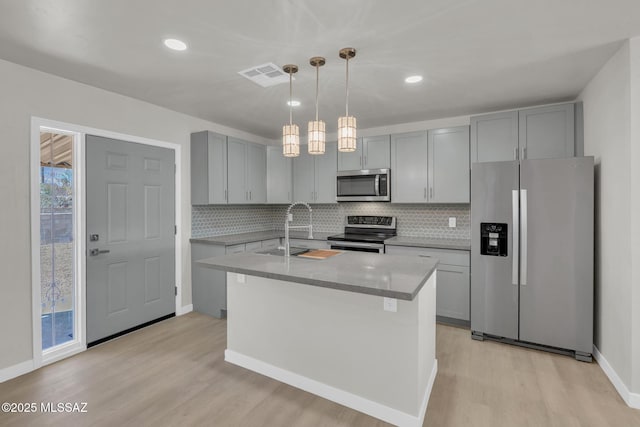 kitchen with visible vents, light wood-style flooring, gray cabinets, a sink, and stainless steel appliances