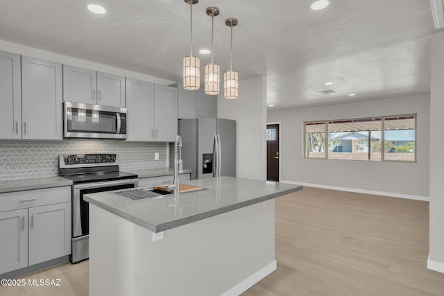 kitchen with light wood-type flooring, a kitchen island with sink, decorative light fixtures, appliances with stainless steel finishes, and decorative backsplash